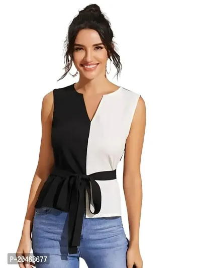 Beauty Board Women's Satin Western Polyester Modern Fit Sleeveless Square Neck Solid Striped Short Length Stylish Regular Designer Top (VT_ 09_1118_Black  White_X-Large)-thumb0