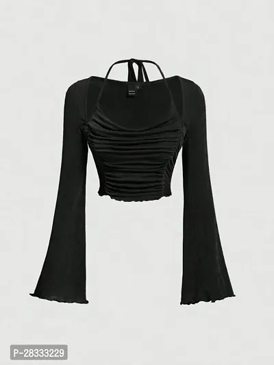 Elegant Black Polyester Solid Crop Length Top For Women