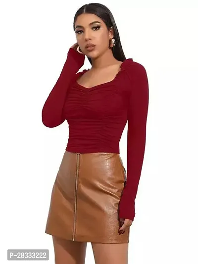 Elegant Maroon Polyester Solid Crop Length Top For Women-thumb3