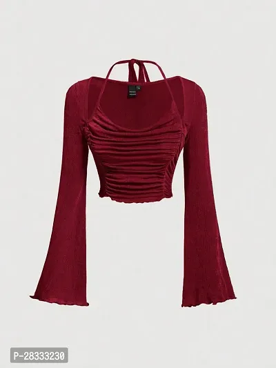 Elegant Maroon Polyester Solid Crop Length Top For Women