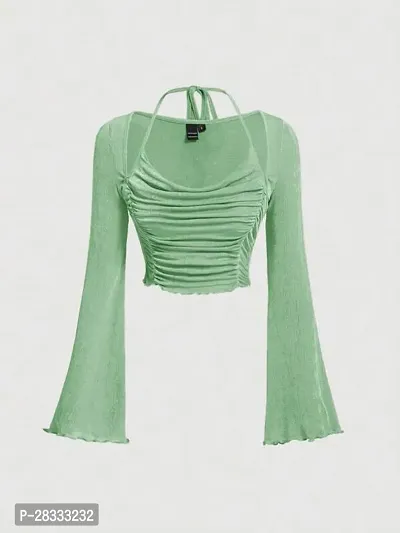 Elegant Green Polyester Solid Crop Length Top For Women