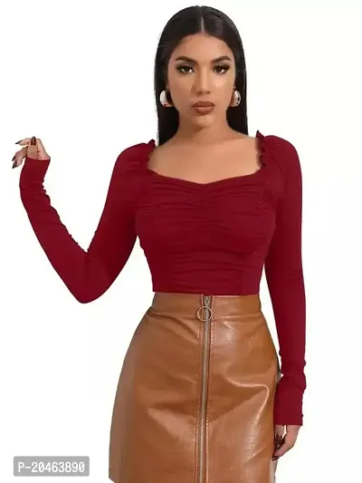 Beauty Board Women's Satin Western Polyester Modern Fit Long Sleeve Square Neck Solid Striped Short Length Stylish Regular Designer Top (VT 15_1114_Maroon_X-Large)