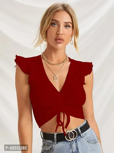 Elegant Maroon Polyester Solid Crop Length Top For Women