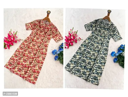 Attractive Multicoloured Printed Cotton Slub A-Line Kurta Pack Of 2-thumb0