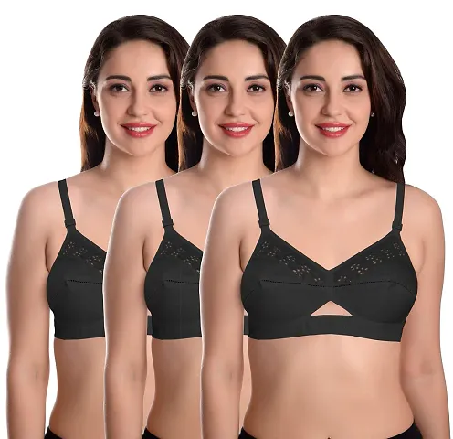 Featherline Pure Cotton Embroidered Non Padded Non Wired Women's Everyday Bras (Cotton Straps)