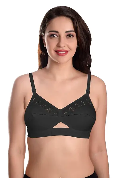 Featherline Pure Cotton Embroidered Non Padded Non Wired Women's Everyday Bras (Cotton Straps)