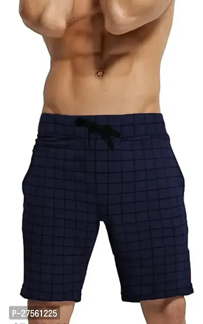 Stylish Navy Blue Cotton Checked Regular Shorts For Men-thumb0