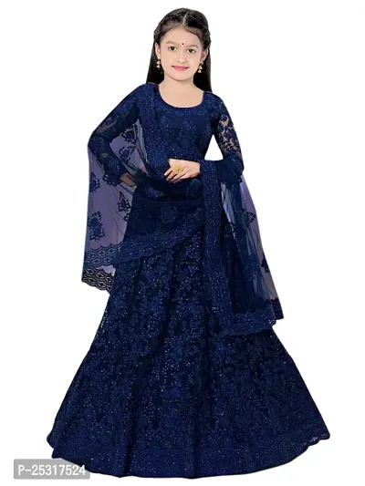 Stylish Net Blue Embellished Lehenga, Choli And Dupatta Set For Girls-thumb0