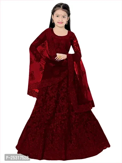 Stylish Net Maroon Embellished Lehenga, Choli And Dupatta Set For Girls-thumb0