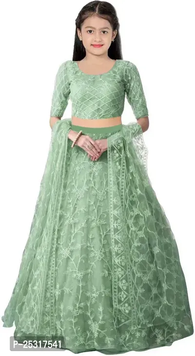 Stylish Net Green Embellished Lehenga, Choli And Dupatta Set For Girls-thumb0