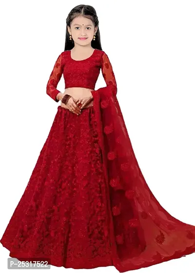 Stylish Net Red Embellished Lehenga, Choli And Dupatta Set For Girls-thumb2