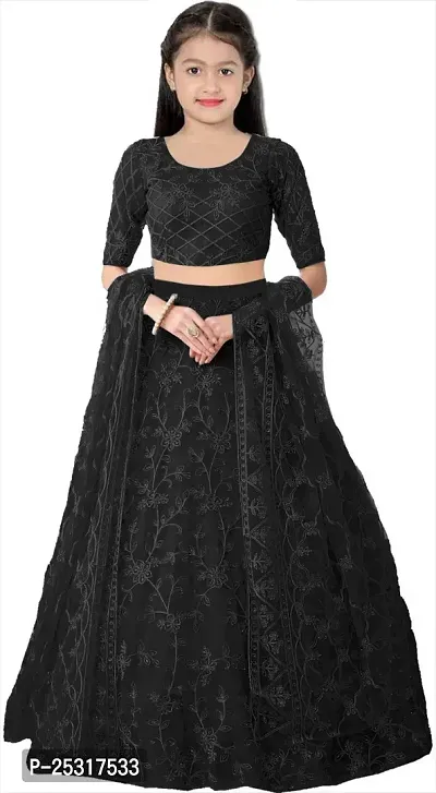 Stylish Net Black Embellished Lehenga, Choli And Dupatta Set For Girls-thumb0
