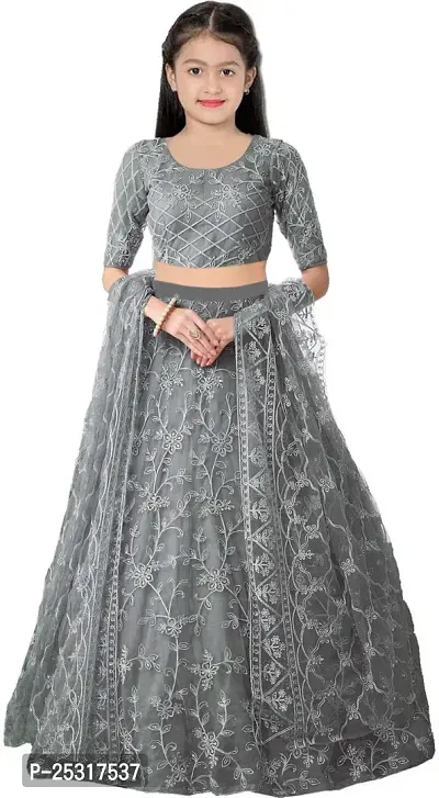 Stylish Net Grey Embellished Lehenga, Choli And Dupatta Set For Girls