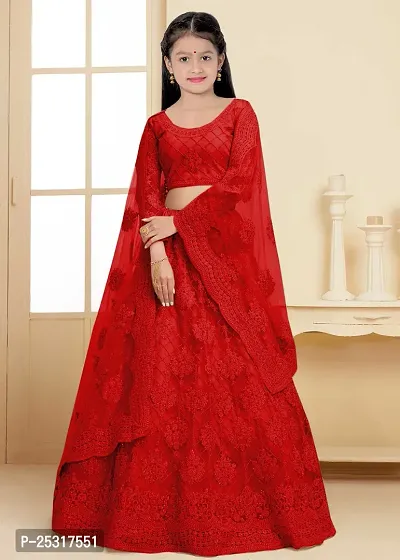 Stylish Net Red Embellished Lehenga, Choli And Dupatta Set For Girls