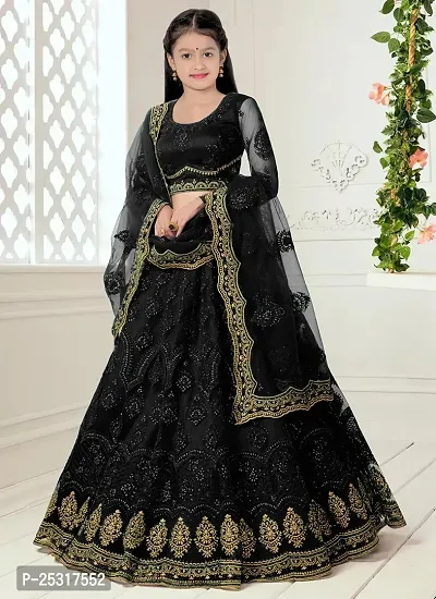 Stylish Net Black Embellished Lehenga, Choli And Dupatta Set For Girls
