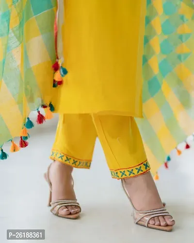 Stylish Yellow Printed Cotton Blend A-Line Kurta Pant With Dupatta For Women-thumb3