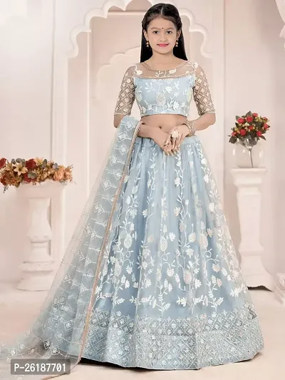 Alluring Turquoise Net Embellished Lehenga Cholis For Girls