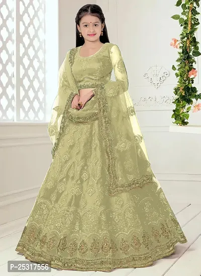 Stylish Net Green Embellished Lehenga, Choli And Dupatta Set For Girls