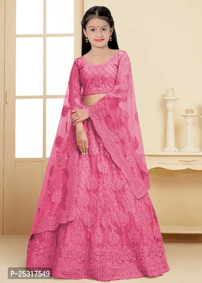 Stylish Net Pink Embellished Lehenga, Choli And Dupatta Set For Girls-thumb0