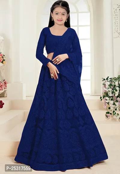 Stylish Net Blue Embellished Lehenga, Choli And Dupatta Set For Girls