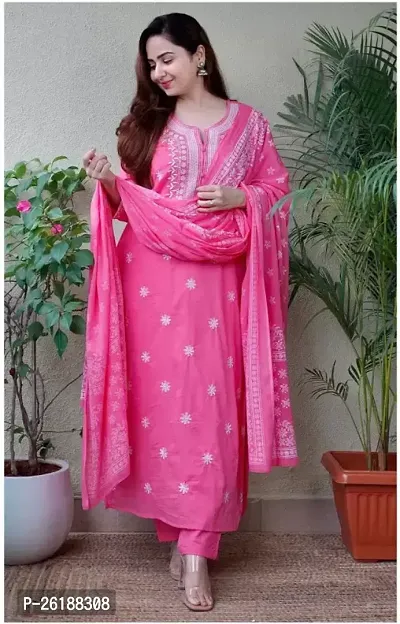 Stylish Pink Printed Viscose Rayon A-Line Kurta Pant With Dupatta For Women-thumb0