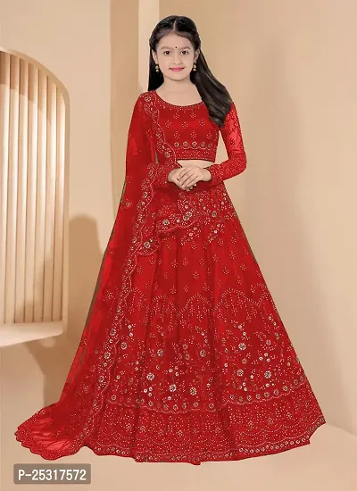 Stylish Net Red Embellished Lehenga, Choli And Dupatta Set For Girls