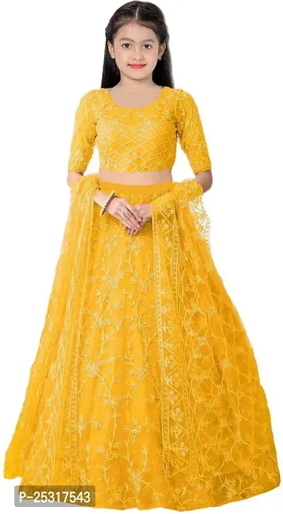 Stylish Net Golden Embellished Lehenga, Choli And Dupatta Set For Girls