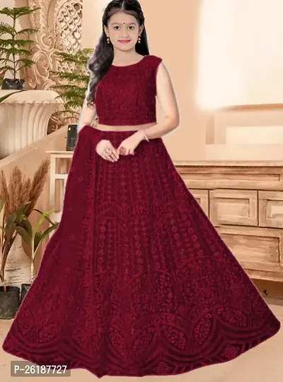 Alluring Maroon Net Embellished Lehenga Cholis For Girls