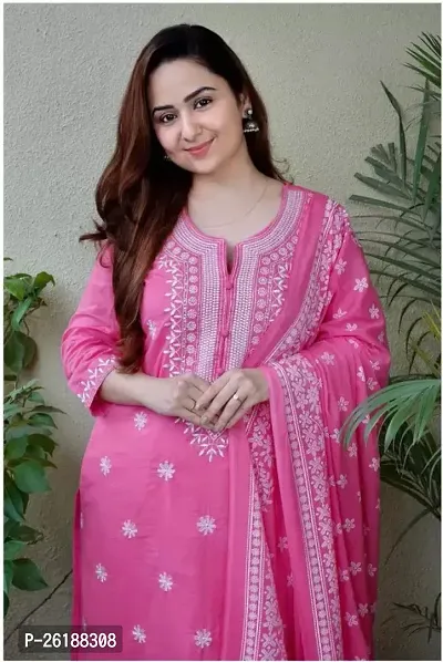 Stylish Pink Printed Viscose Rayon A-Line Kurta Pant With Dupatta For Women-thumb2