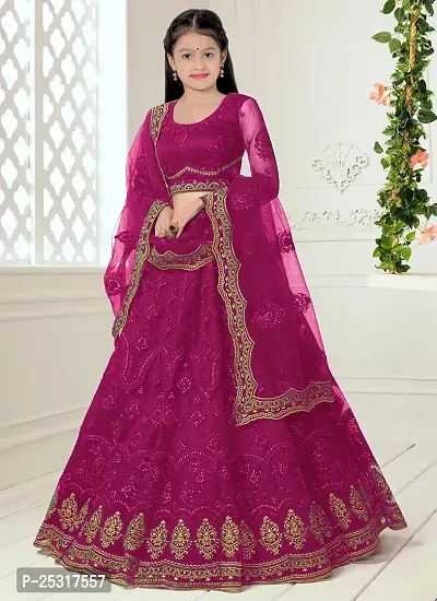 Stylish Net Purple Embellished Lehenga, Choli And Dupatta Set For Girls