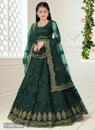 Stylish Net Green Embellished Lehenga, Choli And Dupatta Set For Girls