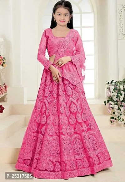 Stylish Net Pink Embellished Lehenga, Choli And Dupatta Set For Girls