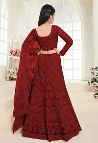 Stylish Net Maroon Embellished Lehenga, Choli And Dupatta Set For Girls-thumb1