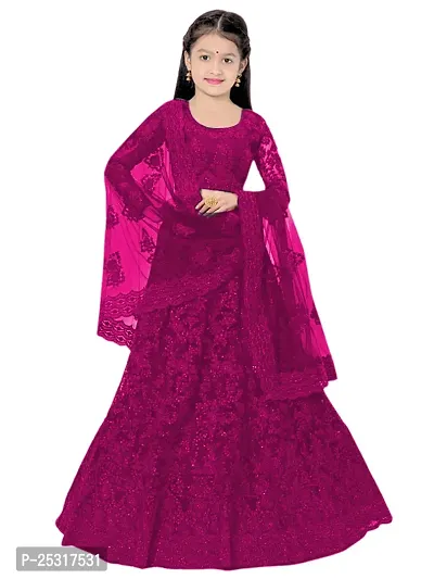 Stylish Net Purple Embellished Lehenga, Choli And Dupatta Set For Girls