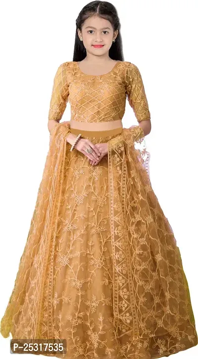 Stylish Net Tan Embellished Lehenga, Choli And Dupatta Set For Girls