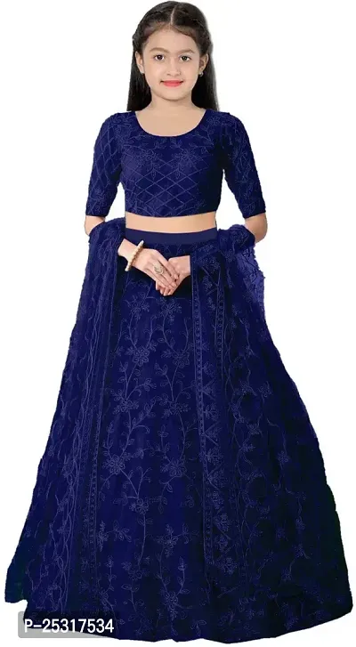 Stylish Net Blue Embellished Lehenga, Choli And Dupatta Set For Girls-thumb0