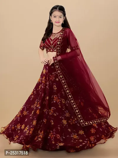 Stylish Net Maroon Embellished Lehenga, Choli And Dupatta Set For Girls