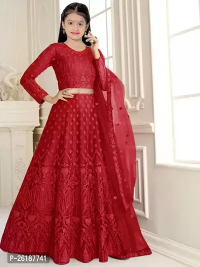 Alluring Red Net Embellished Lehenga Cholis For Girls