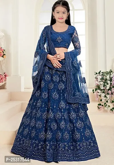 Stylish Net Blue Embellished Lehenga, Choli And Dupatta Set For Girls