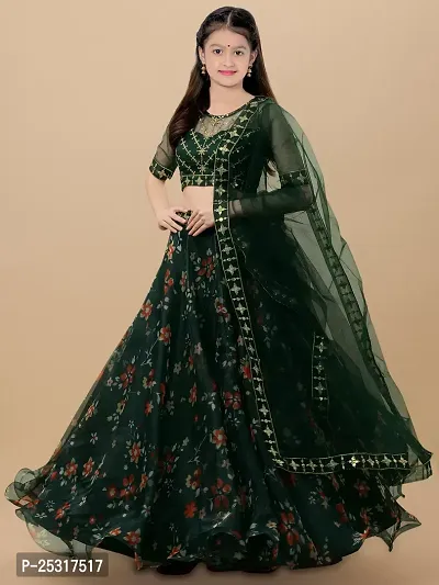 Stylish Net Green Embellished Lehenga, Choli And Dupatta Set For Girls