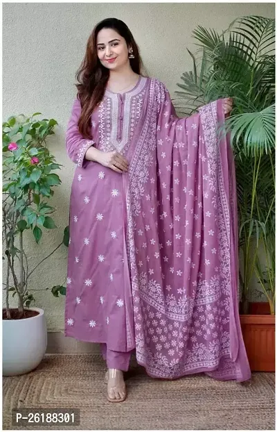 Stylish Purple Printed Viscose Rayon A-Line Kurta Pant With Dupatta For Women-thumb0