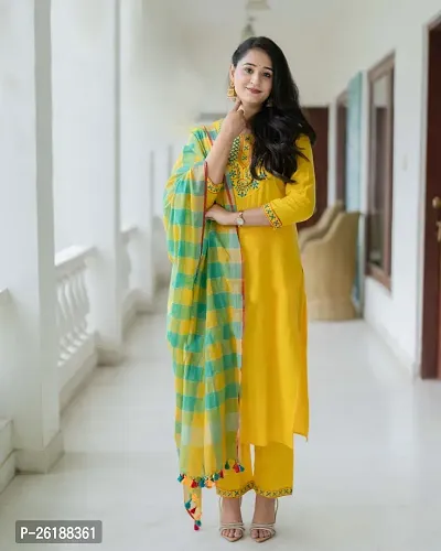 Stylish Yellow Printed Cotton Blend A-Line Kurta Pant With Dupatta For Women-thumb0