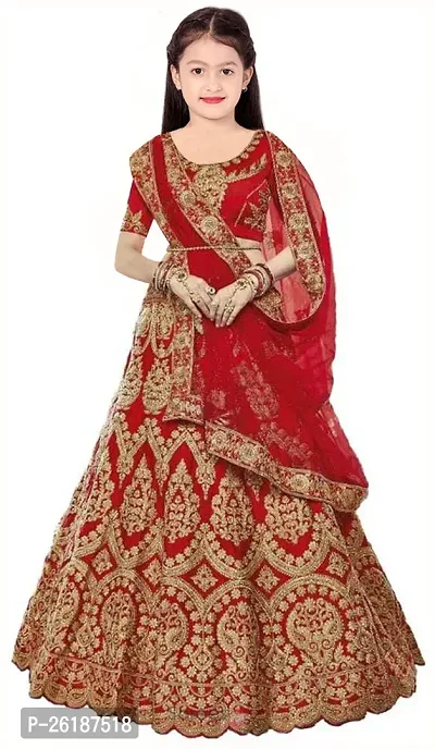 Alluring Red Net Embellished Lehenga Cholis For Girls