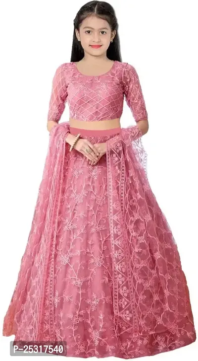 Stylish Net Pink Embellished Lehenga, Choli And Dupatta Set For Girls