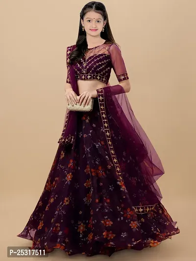 Stylish Net Purple Embellished Lehenga, Choli And Dupatta Set For Girls