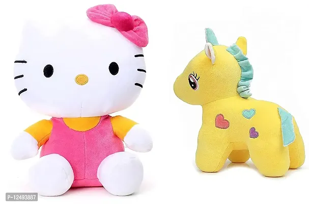 Shri Combo 2 Animals Soft Toy Kids (Baby) for Playing Soft Toy Yellow Unicorn (25-cm),Pink Hello Kitty(30-cm)-All Best Stuff Toys for Kids (Enjoy).Playing. Birthday Gift
