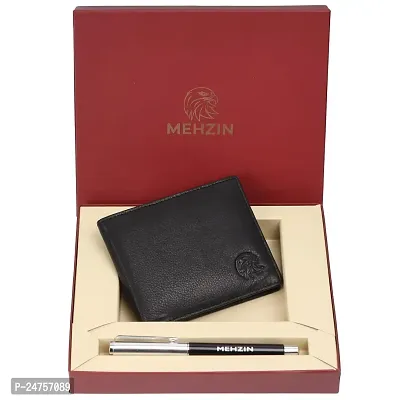 MEHZIN Men Formal Black Genuine Leather RFID Wallet with Pen Combo Set (6 Card Slots) N