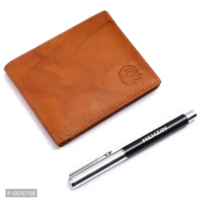 MEHZIN Men Formal Tan Genuine Leather RFID Wallet with Pen Combo Set (3 Card Slots)