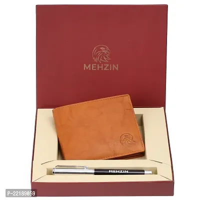 MEHZIN Men Formal Tan Genuine Leather RFID Wallet With Pen Combo Set (3 Card Slots)