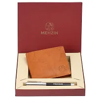 MEHZIN Men Formal Tan Genuine Leather RFID Wallet with Pen Combo Set (3 Card Slots)-thumb1